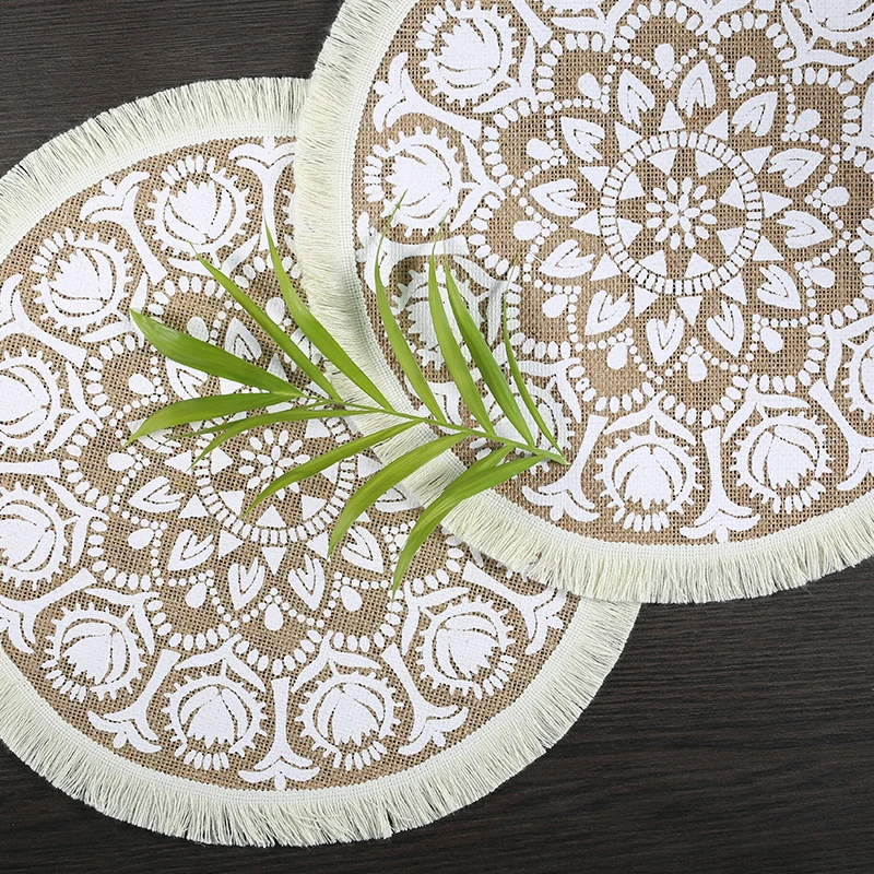 4 stücke böhmische 38cm/15 Zoll runde isolierte Anti-Verbrühungs-Tischset Cup Untersetzer Matten rutsch feste Küchen zubehör mit Quasten Image