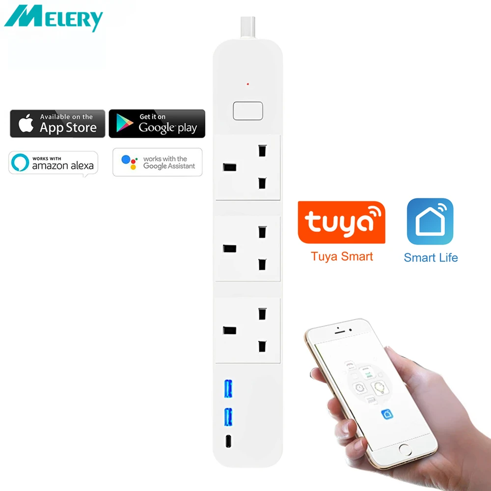Melery uk tuya wi-fi smart power strip verlängerung steckdose stecker 2m kabel usb ports typ-c fernbedienung von google home alexa dot Image