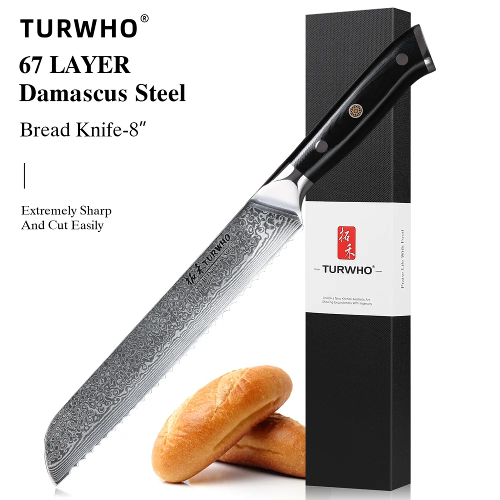 TURWHO 8" Damaskus Stahl Brotmesser Professionelles Kochmesser Schneiden Käse Kuchen Backen Gezackte Messer Küche Kochutensilien Image