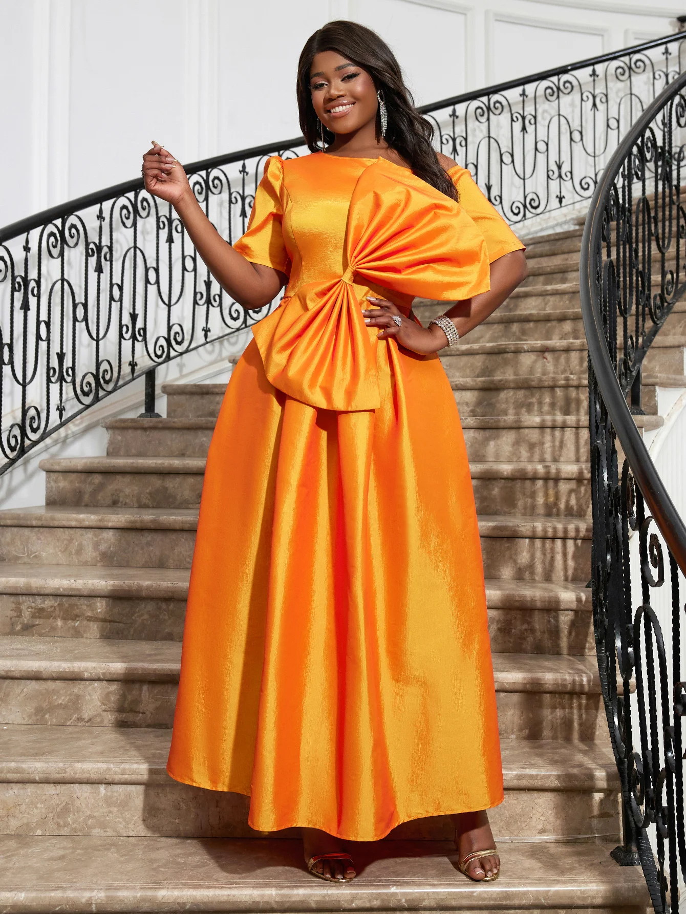 Süße Frauen orange Flare Prinzessin Party kleid o Hals Kurzarm große Schleife elegante Falten kleider formale Abschluss ball Geburtstag Event Roben