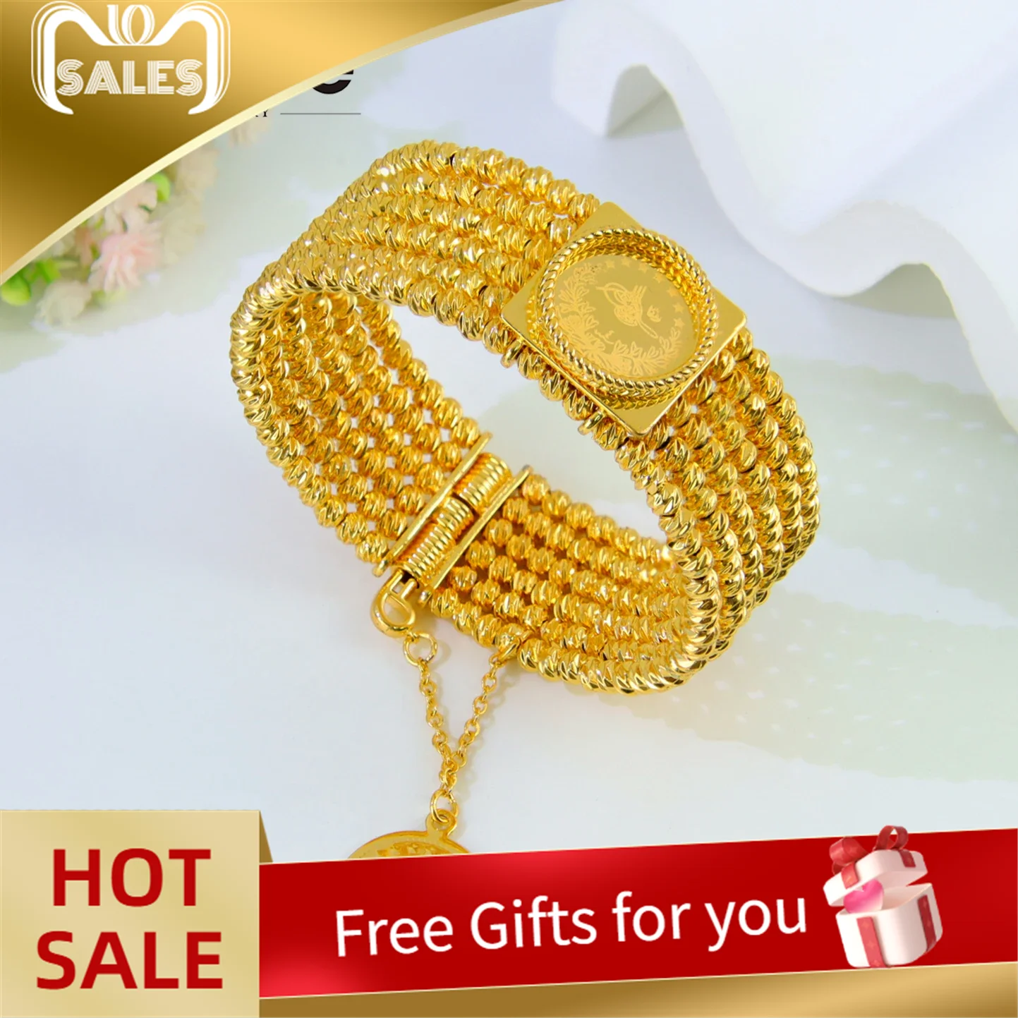 Algerien Braut Hochzeit Manschette Armreifen 24k vergoldet Nigeria Luxus Multi Layer Perlen Armband Frauen Gold Verlobung Schmuck Image