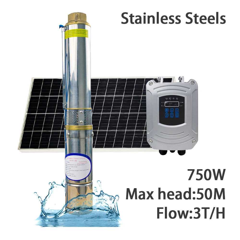 750Watt hoch effiziente Solar-Gleichstrom-Tiefbrunnen pumpe mit Regler max. Durchfluss 5 t/h Solar bürstenlose Edelstahl-Tauch pumpe