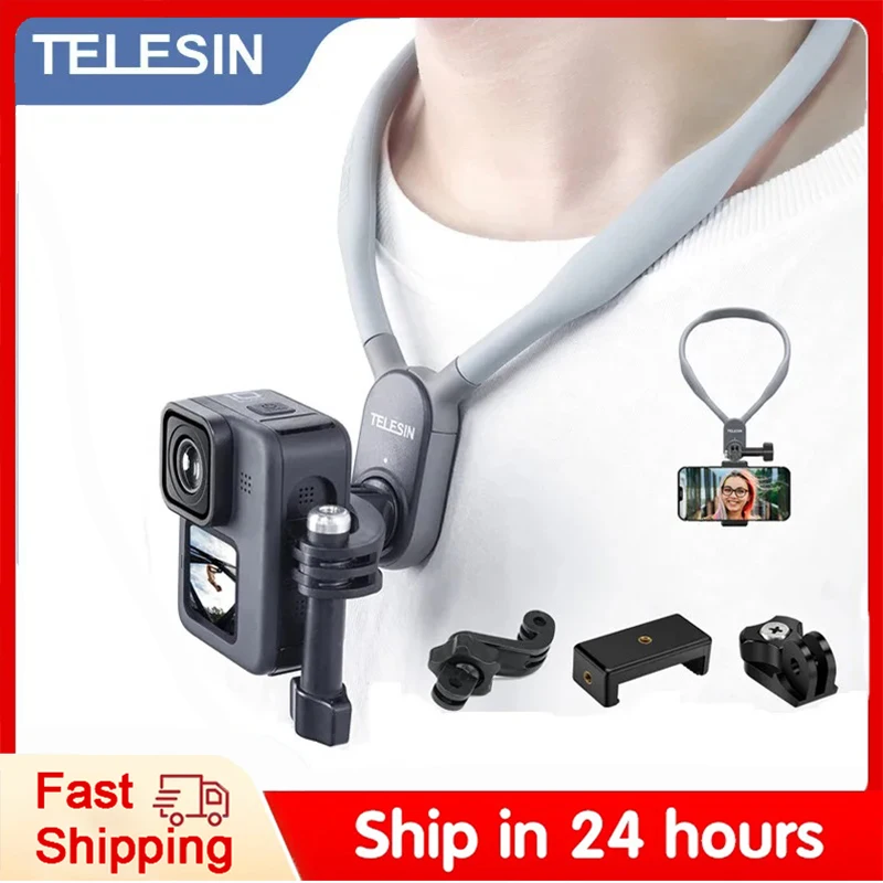 Neue TELESIN Silikon Neck Hold Halter Anzug Halterung Für GoPro Hero Insta360 DJI Osmo Action U-förmigen hängenden hals magnetische halterung Image