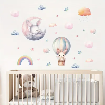 1 Stück niedliche Luftballons Kaninchen Wandaufkleber an der Wand Kinderzimmer Tapete für Schlafzimmer Wohnzimmer Dekor für das Haus Kinderzimmer Image