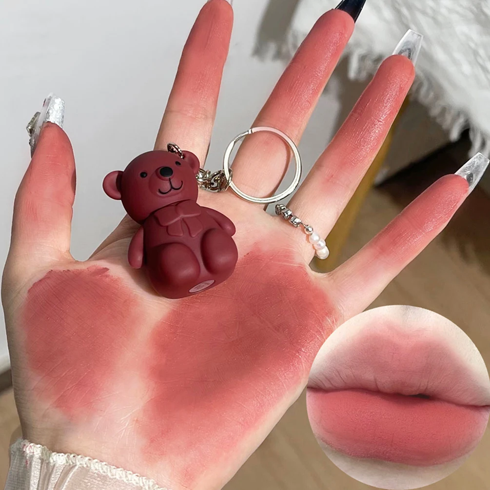 Schlüssel bund Design niedlichen Bären matten Lippen Schlamm Lippenstift Samt Lippen glasur sexy roten Lip gloss Frauen lang anhaltende Lippen tönung Schlamm Kosmetik