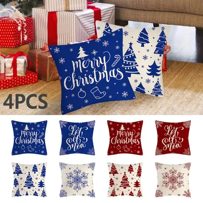 4 stücke Leinen Sofa Kissen Weihnachts baum Kissen bezug Schnee Kissen bezug quadratische Kissen Image