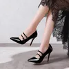 Spitz zulaufende Mary-Jane-Schuhe für Damen, Lackleder, Schwarz und Rot, dünne Absätze, Einzelriemen, rutschfest, extra große Größe 47, extra kleine Größe 30, Designer-Eleganz, neuer