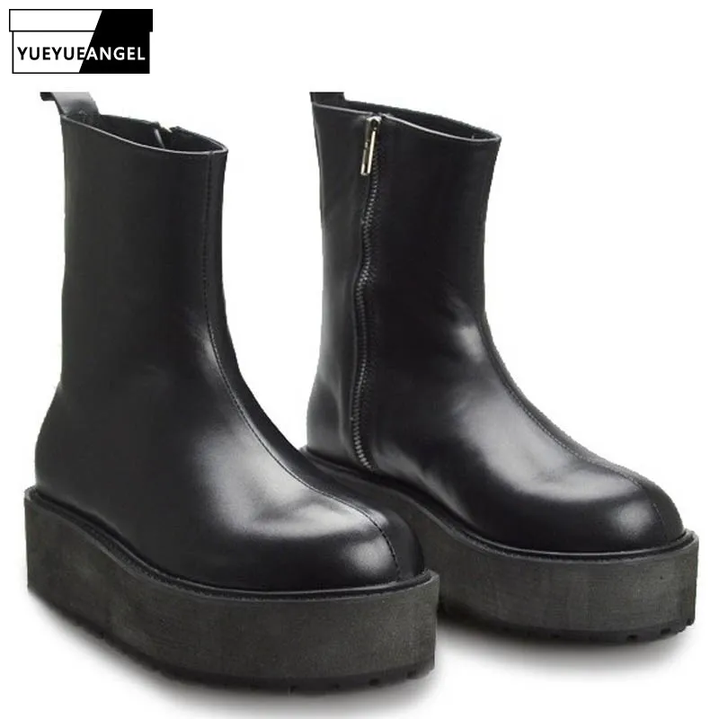 Herbst Neue Mode Männer Schuhe Seite Zipper Runde Kappe Für Männer Motorrad Stiefel Punk Echtem Leder Mitte Wade Stiefel Freies verschiffen