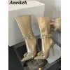 Aneikeh 2025 Neue Mode Zip Kniehohe Stiefel Frauen Gold Patent Leder Herbst Winter Stiletto Heels Stripper Pole Dance Schuhe