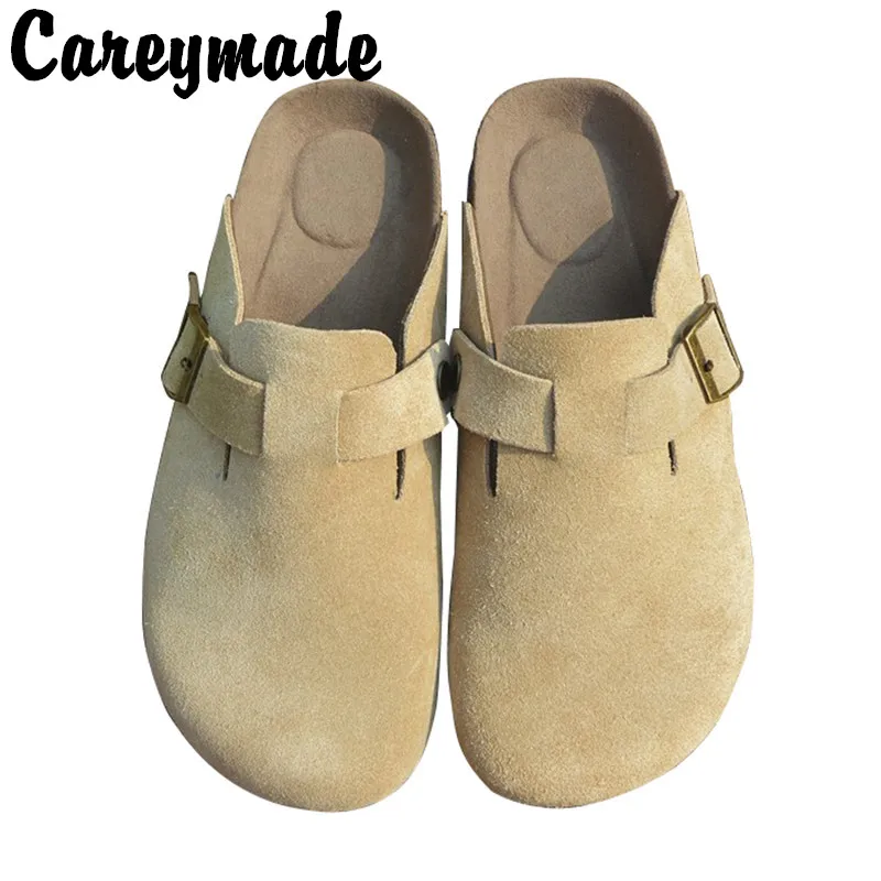 Careymade-Echtes leder Frauen hausschuhe wildleder rindsleder hausschuhe großen kopf bocken schuhe kork faul schuhe leder wohnungen größe 36-44