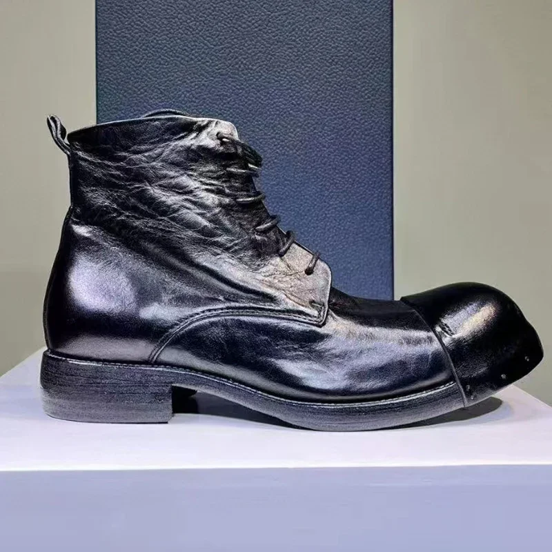 Herren Pferdeleder Vintage Waschwasser Alte Lederstiefel Handgemacht Goodyear-Herren Kurze Stiefel Schnürung Rundkopf Herren Image