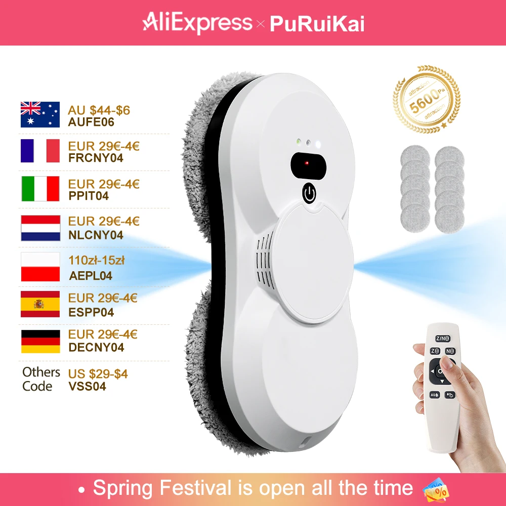 PuRuiKai Fensterputzroboter, 5600Pa Saugkraft, Zweiwege-Automatische Sprühfunktion 50ml Tank, Mehrfache Sicherheitssysteme, Mit Bürstenlosen Motoren Image