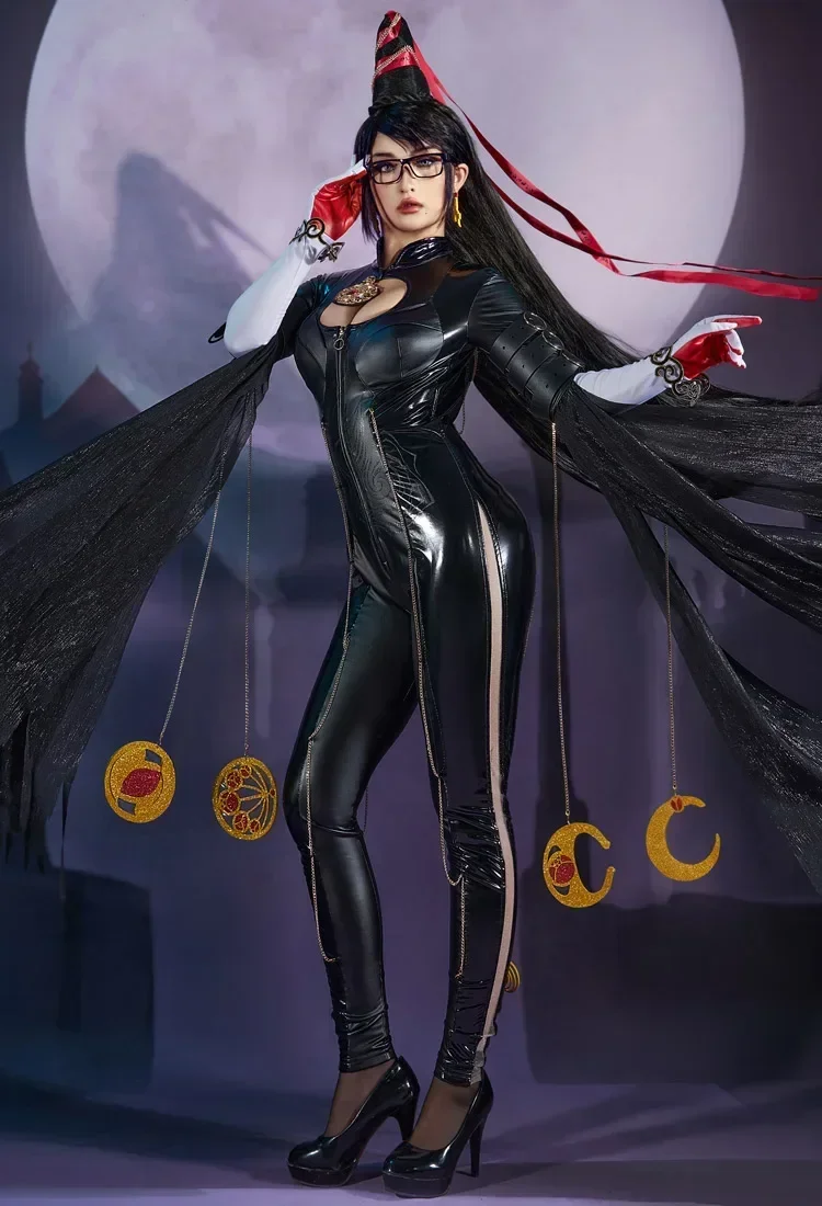 Miccostumes Damen-Cosplay-Kostüm, schwarze Hexe, rückenfreier Body mit Handschuhen, Ketten und Socken für Party, Halloween Image