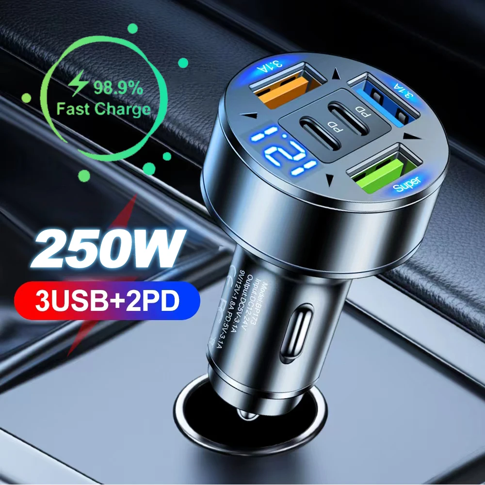 250 W 5 Ports Auto Ladegerät Schnelle Lade PD QC 3,0 USB C Auto Telefon Ladegerät Adapter Mit Spannung Für iPhone Samsung Huawei Xiaomi Image