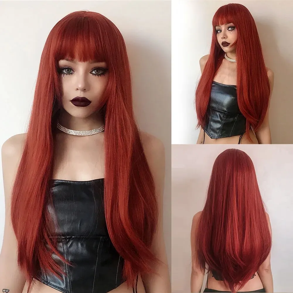 Orange rote Perücken für Frauen lange gerade rote Perücke mit flachem Pony für das tägliche Kostüm verwenden hitze beständige natürlich aussehende Faser perücke