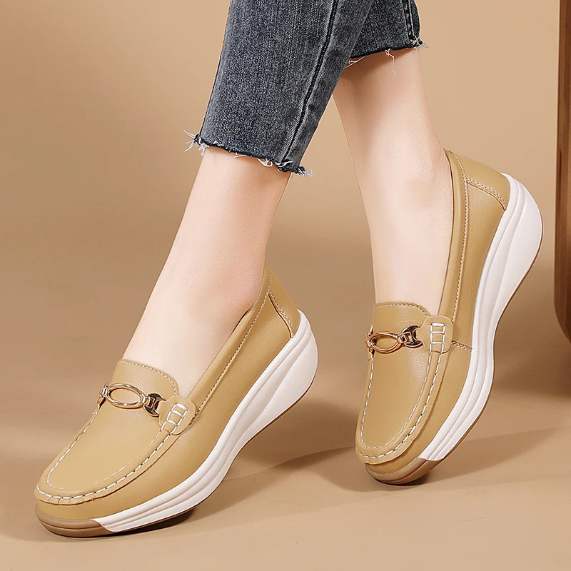 2026 Damen Echtleder Mokassins Lässige Slip-On Loafer Schwarze Bootsschuhe Frühling/Herbst Große Größen 41 Frühling Herbst Flats