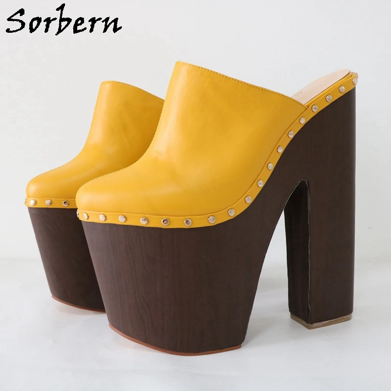 Sorbern Ingwer Gelb Pumpe Schuhe 24cm Frauen Maultiere Niet Punk Clogs Block Holz Stil Breite Heels Unisex Schuh Starke plattform