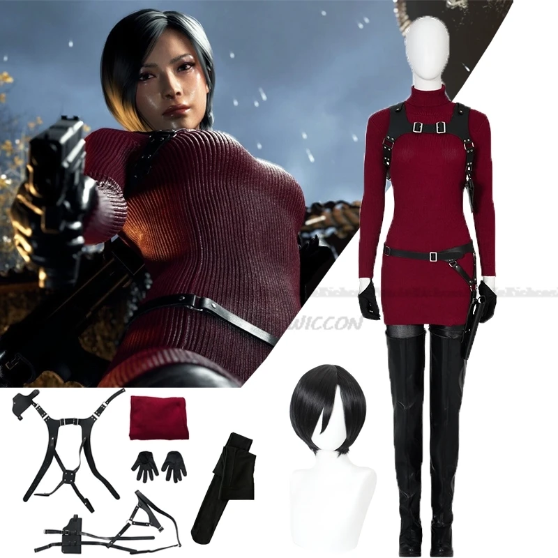 Spiel Evil 4 Remake Cosplay Kostüm Evil 4 Remak Ada Wong Cosplay Kostüm Spiel Sexy Rotes Wollkleid Pullover Halloween Perücke Schuhe