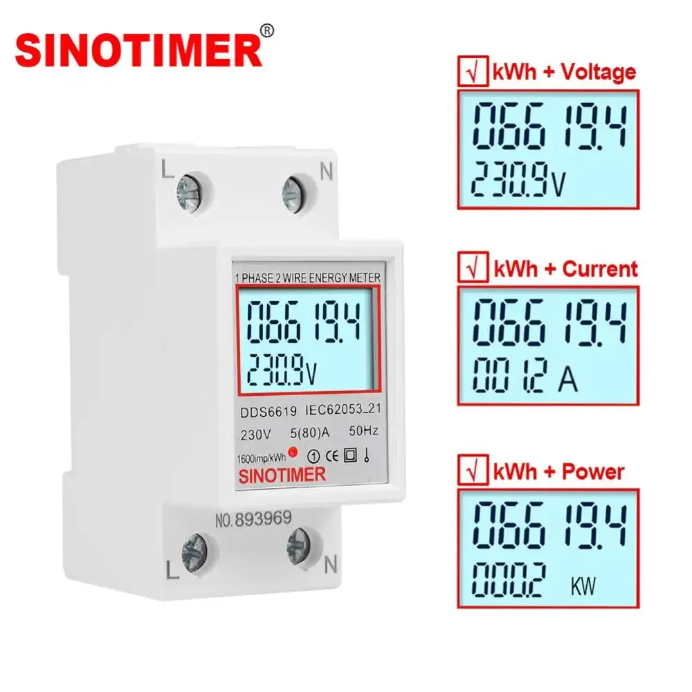 Einphasige Zweidraht-LCD-Digital anzeige Watt meter Strom verbrauch Energie Stromzähler kWh Wechselstrom 230V 50Hz elektrische Din-Schiene Image