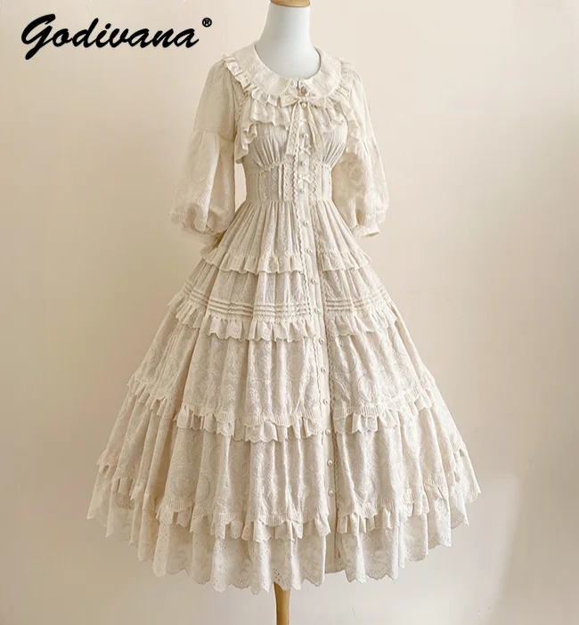 Voll besticktes Lolita Kleid Original weibliche Mädchen Frühling Sommer Spitze Baumwolle Stickerei Halbarm Bluse lange Schlinge Kleider Image