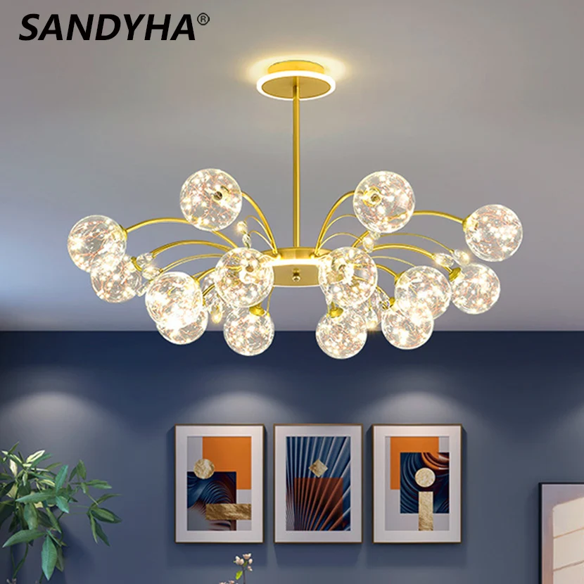 SANDYHA Luxus LED Glas Ball Kronleuchter Schwarz Gold Eisen Zweig Decke Lampe Klar Stern Kleine Wohnzimmer Esszimmer Schlafzimmer Lichter