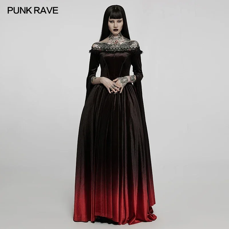 PUNK RAVE Damen Gothic Gradient Velvet Nobility Langes Kleid Schulterfrei Verträumte unverwechselbare geteilte Ärmel Party Club Kleid