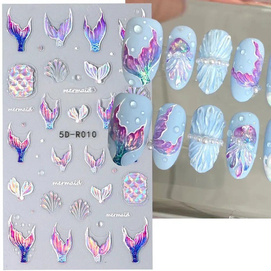 Meerjungfrau Schwanz 5d Nagel Aufkleber holo graphisch glänzend Sommer Muschel Quallen Ozean Schmetterling 3d Aufkleber Nail Art Dekorationen Maniküre Image