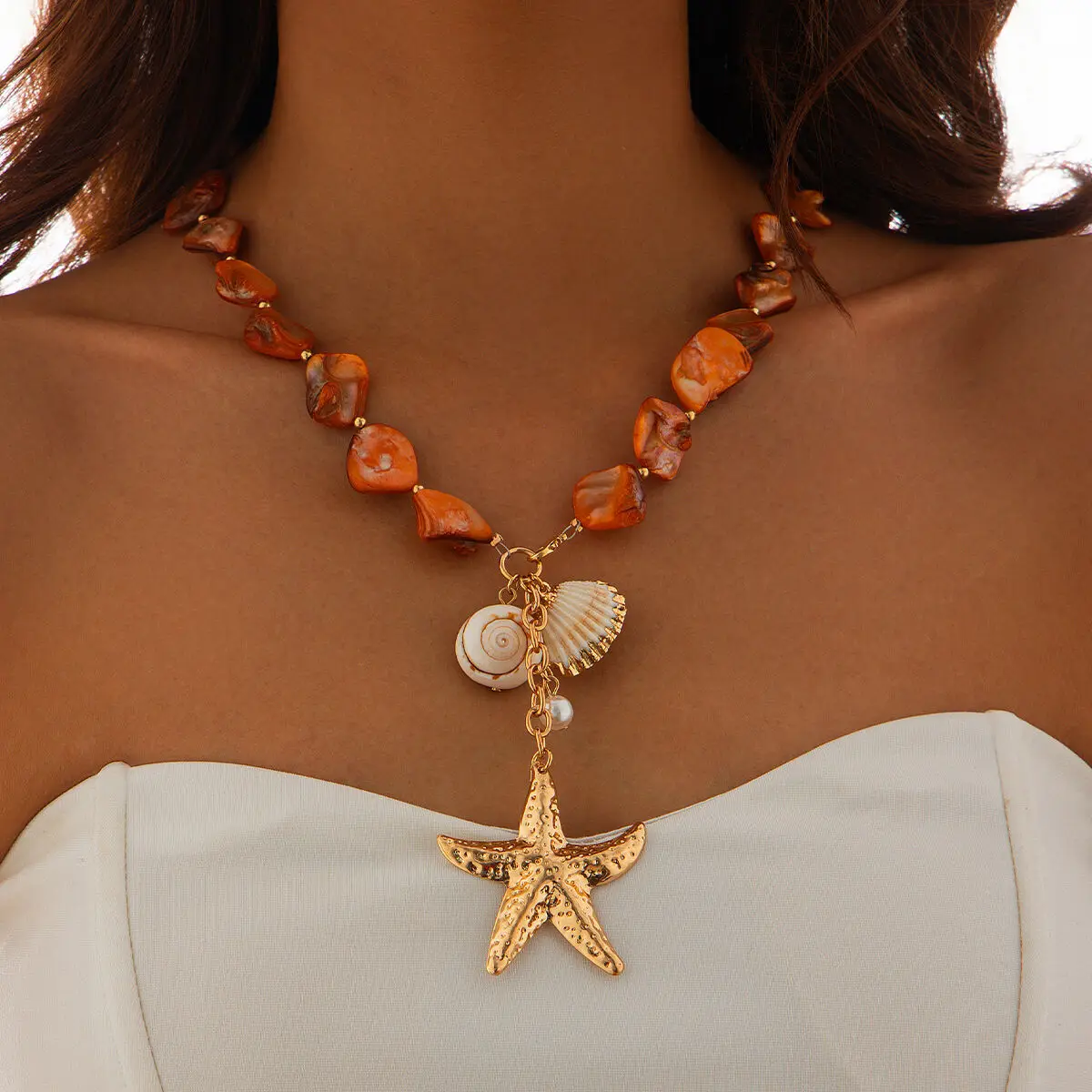 Lacteo Böhmen Orange Geometrische Stein Kette Halskette Elegant Für Frauen Gold Farbe Chunky Dicken Stern Anhänger Ozean Strand Schmuck