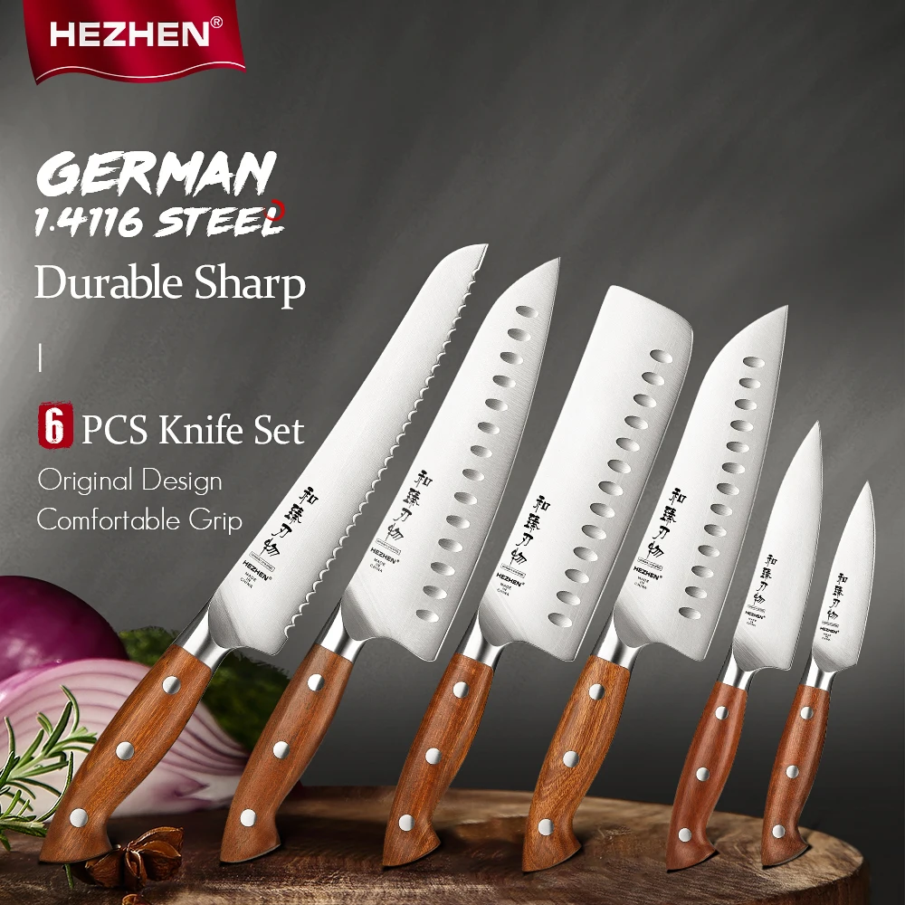 Hezhen 6pc Kochmesser Set Deutsch 1,4116 Edelstahl scharf Koch Santoku Messer Geschenk box Küche Utility Messer Image