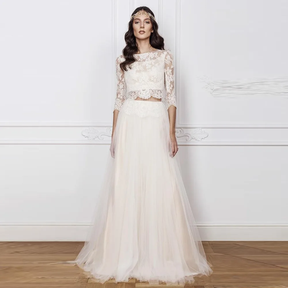 Chic Beige Elfenbein Hochzeit Spitze Jacke Crop top für Bräute Weiß Spitze Nude Futter Nach Maß Böhmischen Braut Topper 3/4 ÄRMELN Image