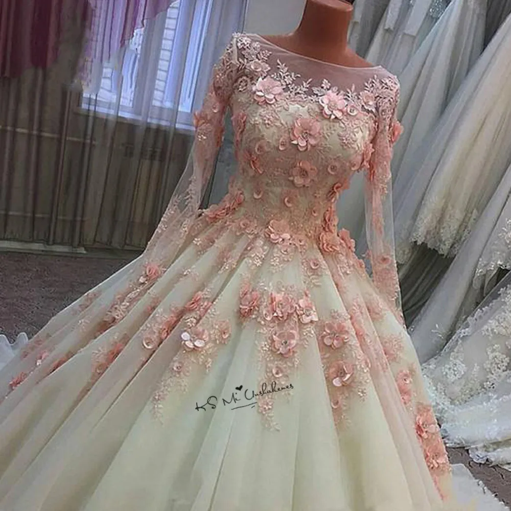 Rosa 3D Blumen Hochzeit Kleider Vestido de Noiva Princesa Hochzeit Kleider Lange Hülse Spitze Vintage Boho Braut Kleid 2018 Gelinlik Image