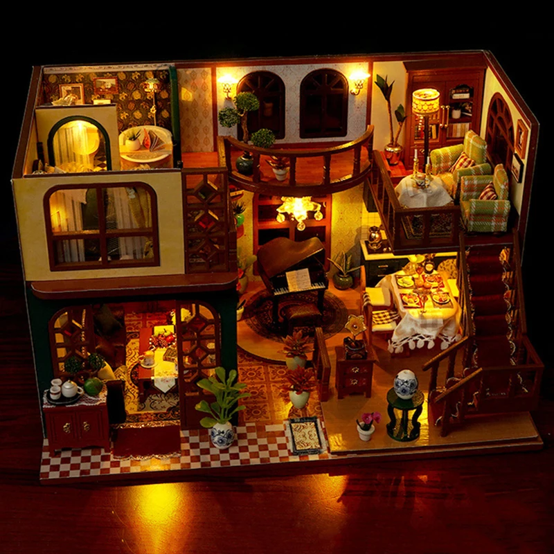 DIY Holz Miniatur Modell Kit europäische Villa Casa 3D Puzzle Puppenhaus mit Möbel Lichter Wohnkultur Haus für Freunde Geschenke