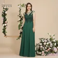 Grüne Spitze Abendkleider, lang, luxuriös, 2024, Chiffon, Perlen, U-Ausschnitt, A-Linie, formelle Hochzeit, Party, Abschlussball, Weihnachten, Vestidos