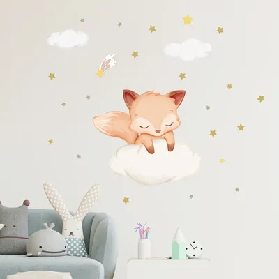 Cartoon süßer schlafender Fuchs auf der Wolke Tier Wandaufkleber abnehmbar für Schlafzimmer Wohnzimmer Kinderzimmer Dekoration Wandtattoos Image