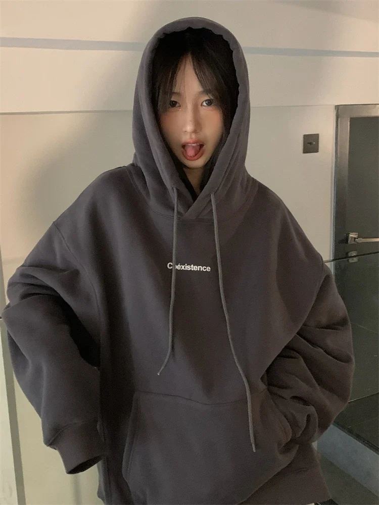 Koreanische Mode grau Fleece verdicken Baggy Pullover Tasche Brief druck Sweatshirt faul lässig Raglan Ärmel Hoodie Herbst