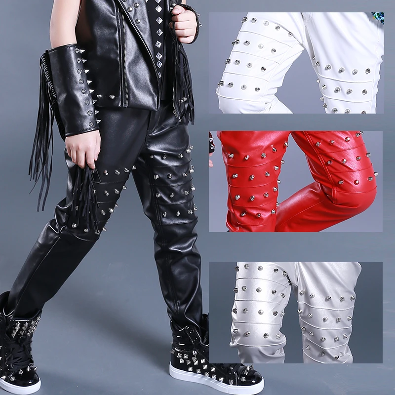 Jungen Schwarz Leder Niet Hosen Street Dance Kostüm Laufsteg Trommel Hip Hop Dance Kleidung Kinder Sänger Hosen Bühne Tragen DNV15221