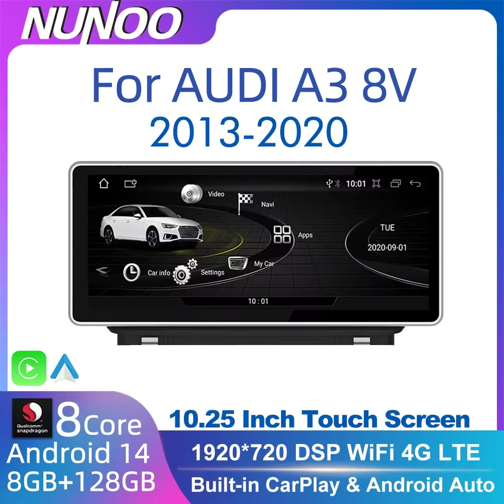 Android 14 Auto Bildschirm Player Für Audi A3 8V 2013-2020 GPS Navi Multimedia Stereo 8 + 128GB RAM WIFI Google Carplay Qualcomm 8 Core Image