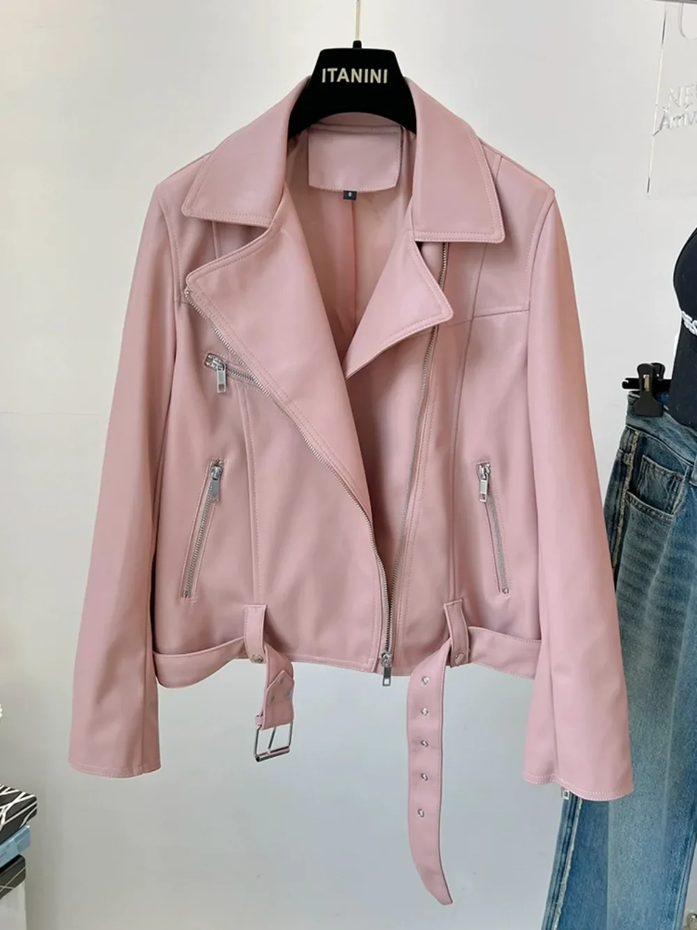 Rosa kurze Kunstlederjacke für Damen, klein, 2024, Frühling, einfach zu kombinieren, lässige Bikerjacke, High Street, coole amerikanische Mode Image