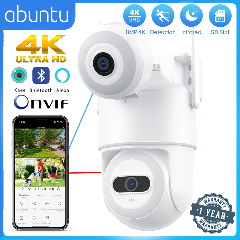 Abuntu 8mp 4k ptz wifi kamera outdoor dual objektiv dual bildschirme wifi überwachungs kamera nachtsicht menschliche erkennung icsee app Image