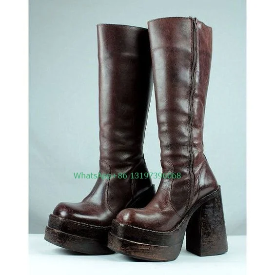Damen-Plateaustiefel im Vintage-Stil, braune Farbe, Punk-Cowboy-Kleid, Stiefel, Knieschuhe, täglicher PU-Wildlederstiefel mit klobigem Absatz, Größe Image