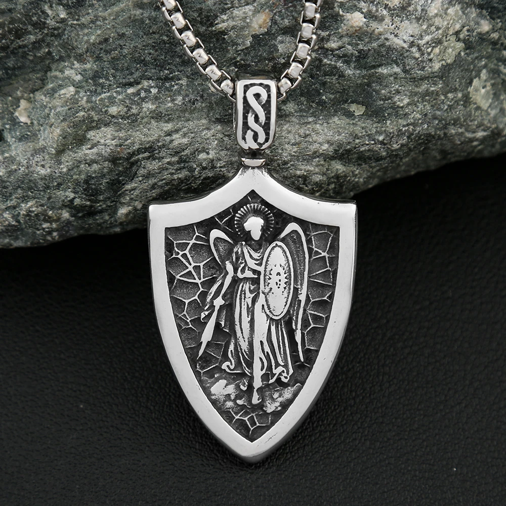 Vintage 316l Edelstahl Engel Schild Saint Michael Anhänger Halskette für Männer Mode Kreuz Flügel Halsketten Amulett Schmuck Image