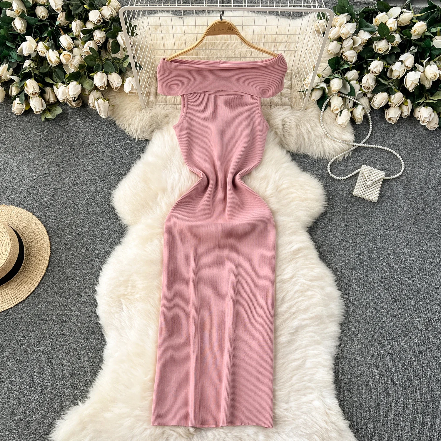 Rosa sexy Slash Neck Maxi lange Kleider elegante Club Party Outfits für Frauen Urlaub Strickkleider elastische Sommer Bodycon