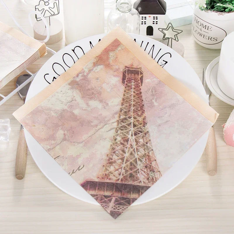 20 Stück/pa 2-lagig 33*33cm Farbe Eiffelturm Drucks ervietten quadratische Papier party Hochzeit Weinglas Faltpapier Tischset billig Image