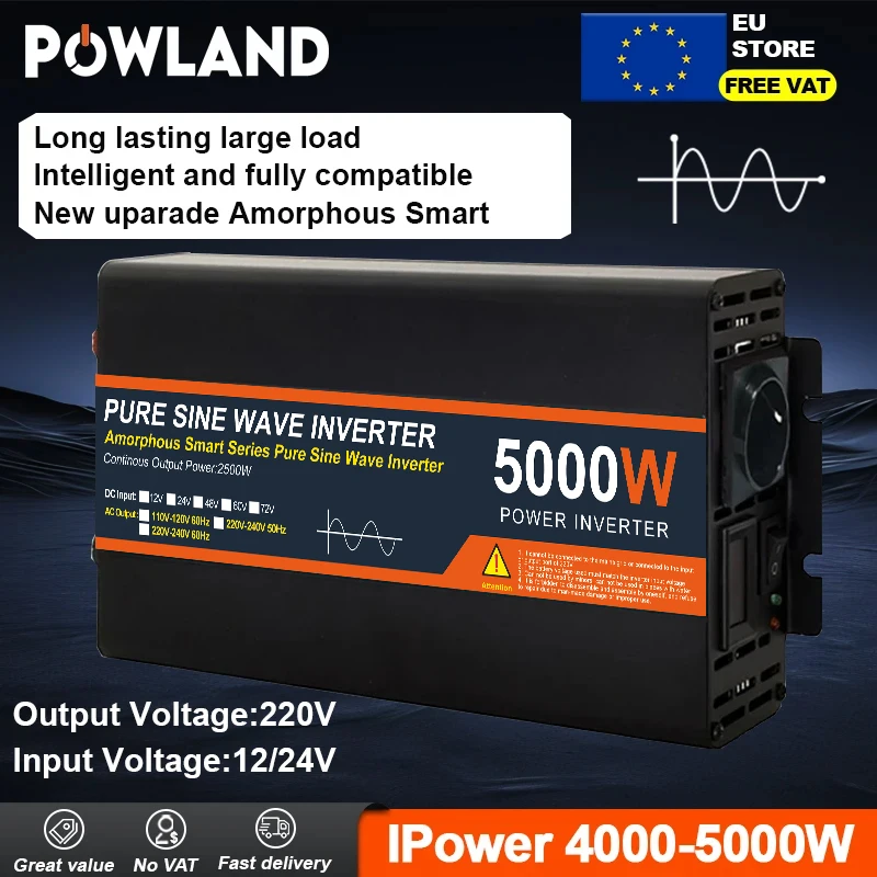 POWLAND 5000W 4000W Reiner Sinus-Wechselrichter DC 12V 24V zu AC 220V 50Hz 60Hz Tragbarer Power Bank-Konverter Solar-Wechselrichter Image