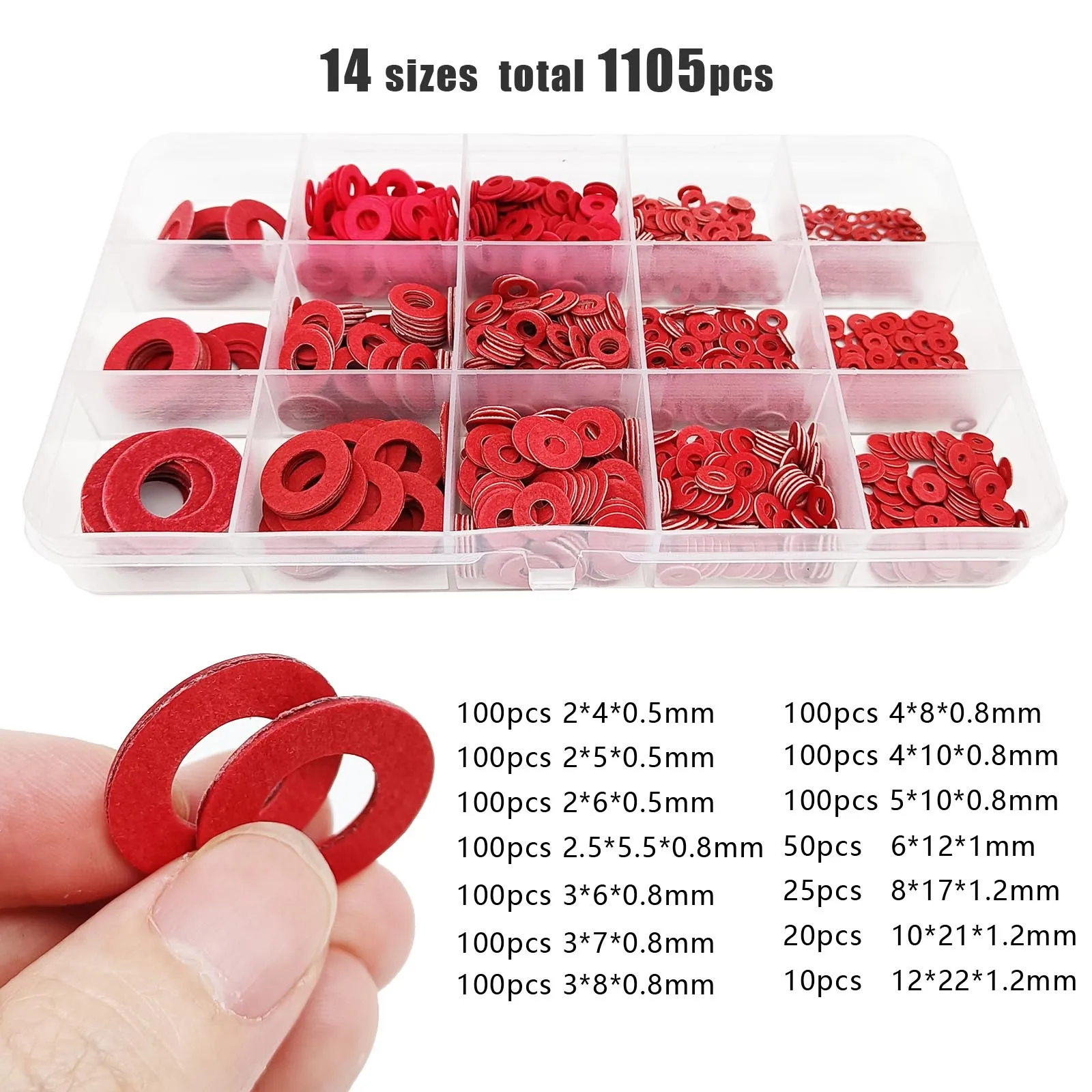 415/1085 Stück M2 M2,5 M3 M4 M5 M6 M8 M10 M12 roter Stahl Papier Unterlegscheibe Plain Spacer Isolierung Dichtungsring Mix Size Kit Set Box Image