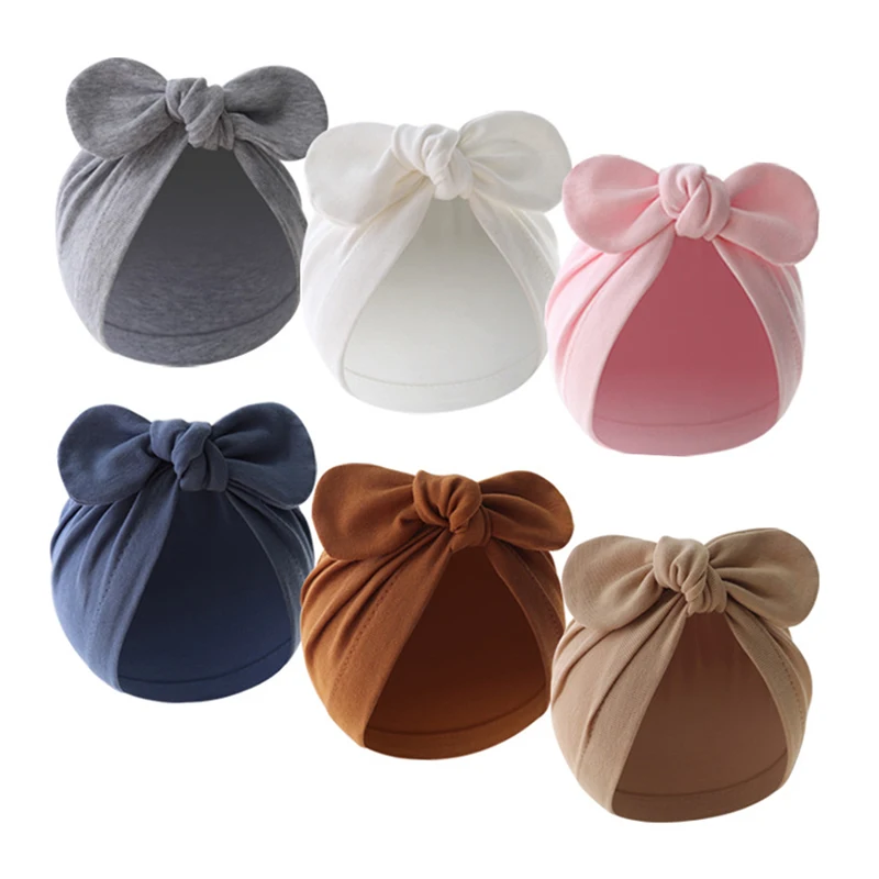 Niedliche Hasenohren Baby-Turban-Mütze, einfarbig, Säuglings-Beanie-Mütze für Mädchen und Jungen, weiche Baumwolle, indische Mütze, Kleinkind-Mütze, Kopfbedeckung Image