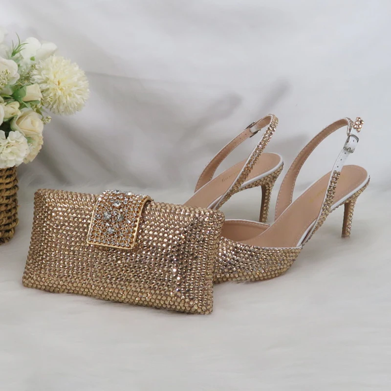 2023 Neuankömmling Braut Champagner Gold spitzen Zehen Hochzeits schuhe und Tasche Frau hohe Pumps dünne Ferse Party Schuhe Frau Sling backs