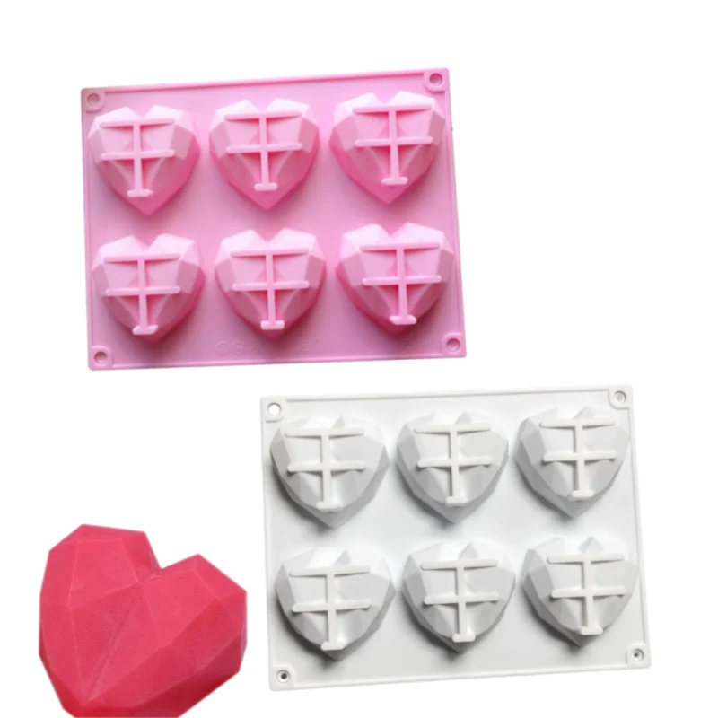 Silikonform mit 6 Mulden, Diamant-Herz, 3D-Herz, Kuchen, Schokolade, Zubehör, Formen, DIY, Eiswürfel, Keks, Gebäck, Backform Image