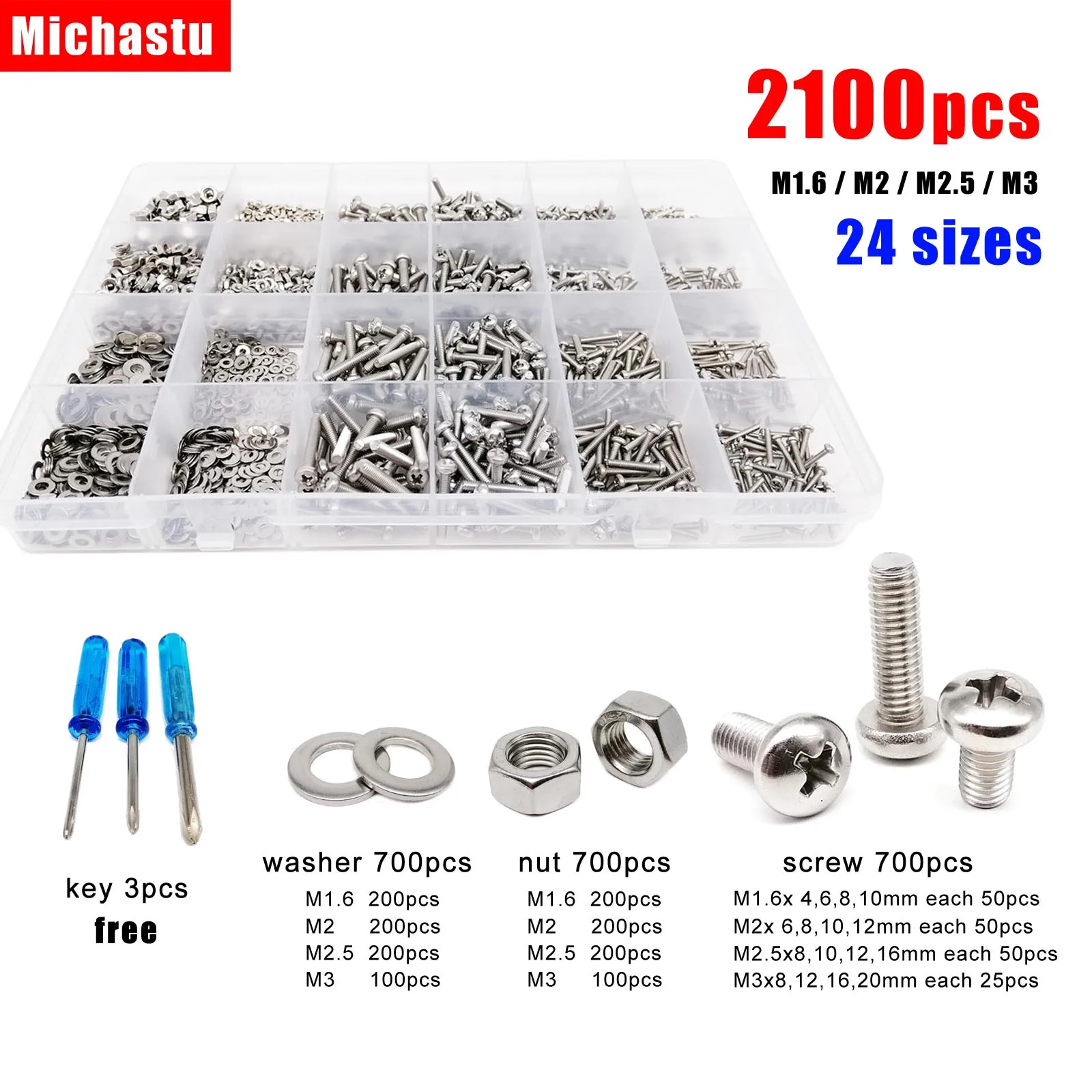 2100/1140 stücke Kreuz Phillips Pfanne Rund kopfs ch raube Schraube Mutter Unter leg scheibe Set Kit Box Mix m1, 5 m2 m3 1, 5 m3 m4 m5 1,6 a2 Edelstahl Image