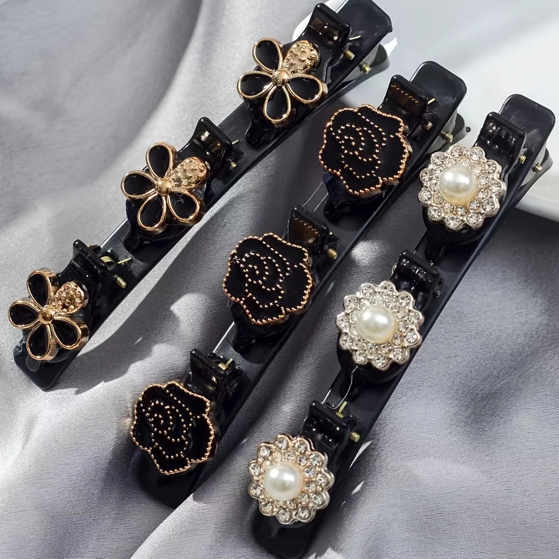 Doppelschichtige geflochtene Haarspange Vintage Strass Kunstperle Schwarz Haarnadel Haarspange Eleganter Haarschmuck Image
